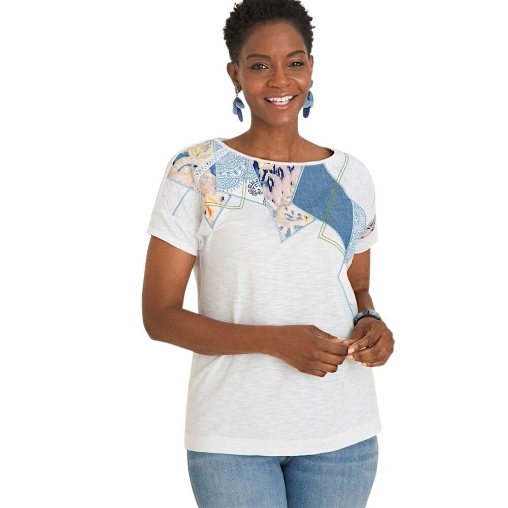Chico's Slub Top Size 1 (8) Short Sleeve Patch Detail *